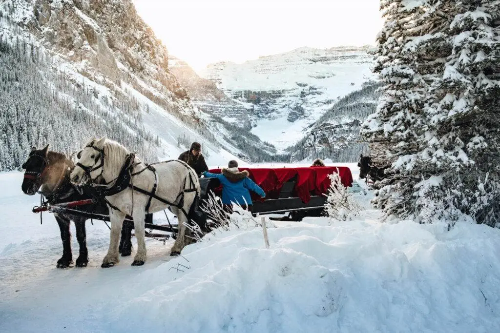 Image by wirestock on Freepik people near wagon with forest snowy forest near lake louise canada